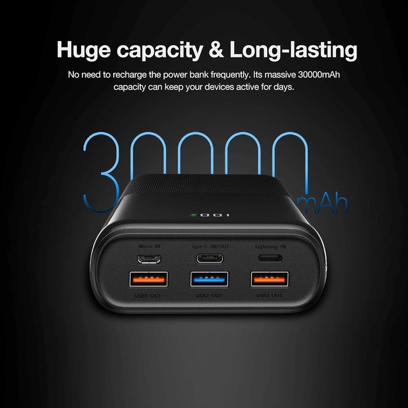 VEGER Power Bank 30000mAh, 22.5W QC 3.0 PD 20W 6 Port Fast Charging USB C Battery Pack, Smart LED Display Phone Battery Charger for iPhone Series, Samsung, Android etc - Black - Image 2