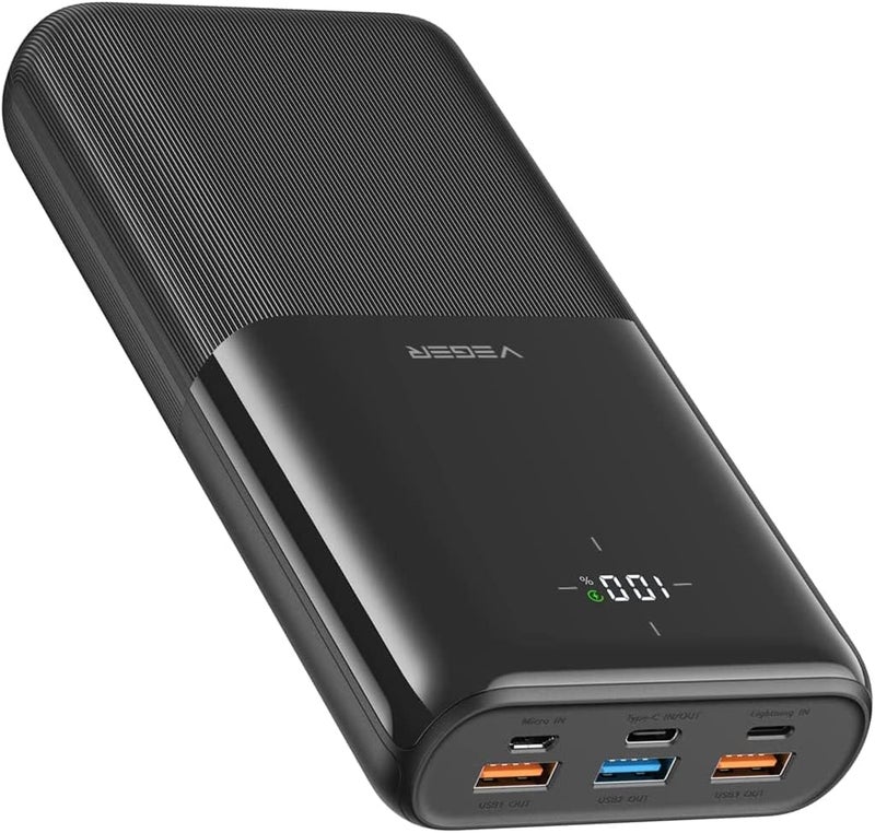 VEGER Power Bank 30000mAh, 22.5W QC 3.0 PD 20W 6 Port Fast Charging USB C Battery Pack, Smart LED Display Phone Battery Charger for iPhone Series, Samsung, Android etc - Black - Image 1