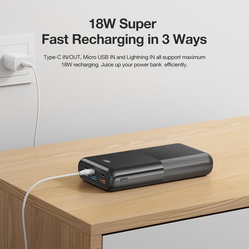 VEGER Power Bank 30000mAh, 22.5W QC 3.0 PD 20W 6 Port Fast Charging USB C Battery Pack, Smart LED Display Phone Battery Charger for iPhone Series, Samsung, Android etc - Black - Image 5