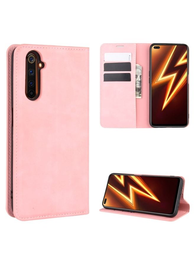 HuHa Case Cover For Realme 6 Pro Retro-skin Business Magnetic Suction Leather Case with Holder & Card Slots & Wallet Pink 
