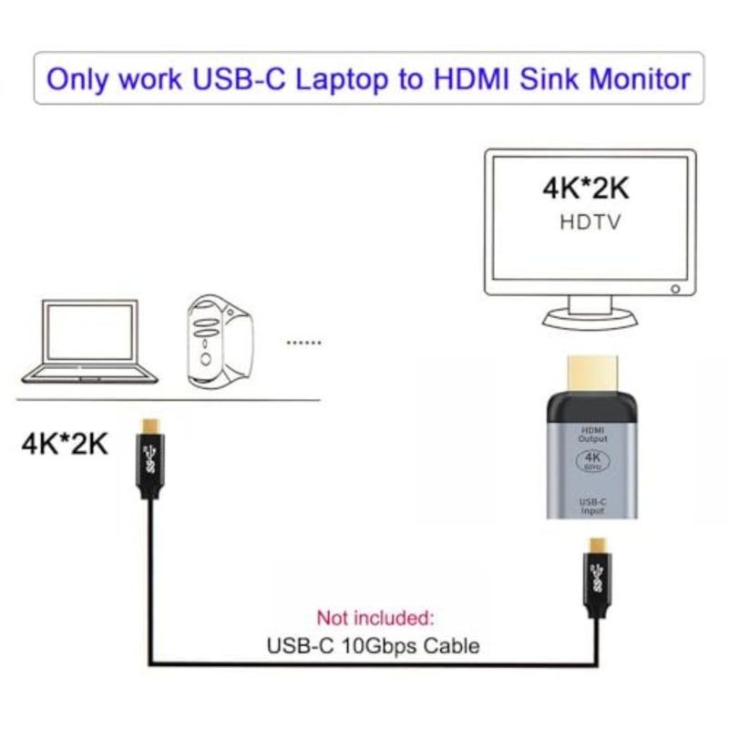 محول USB-C إلى HDMI لاستخدام الكمبيوتر المحمول والكمبيوتر اللوحي والهاتف؛ هيئة سبائك الألومنيوم. أسود؛ يدعم 4K@60 هرتز و1080 بكسل، التوصيل والتشغيل، لا حاجة إلى برنامج تشغيل - Image 5