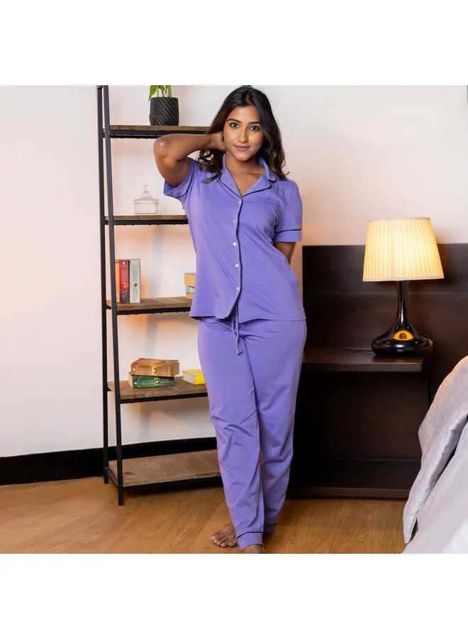 Aadaraya Aadaraya Solid Notch Collar Shirt with Pyjamas and Eyemask