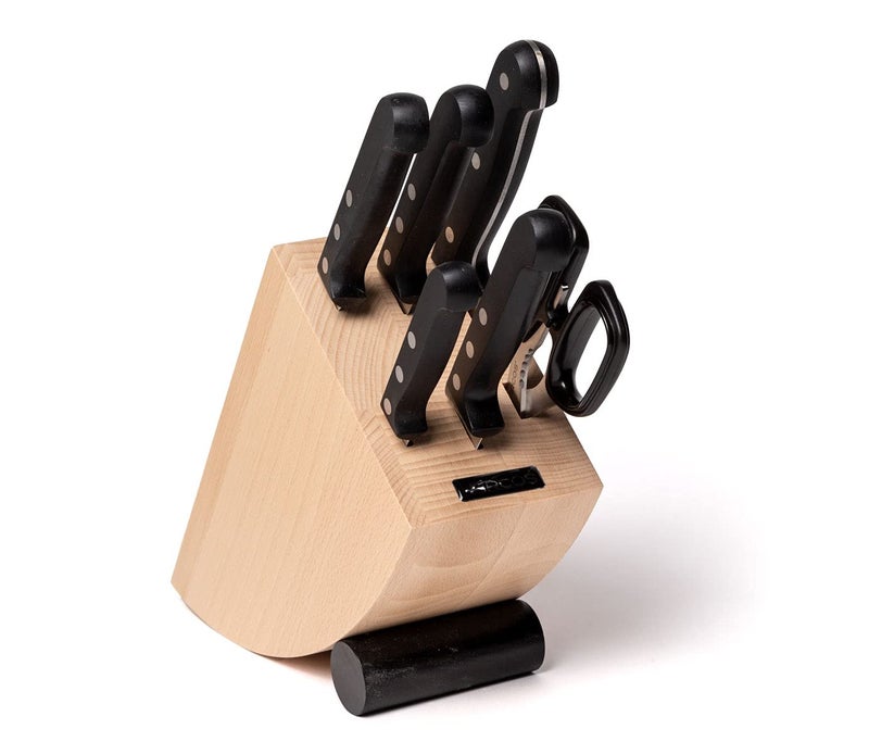 Arcos Kitchen Block Knife Set 6 pieces (5 Knives + 1 Scissors). Stainless Steel - Polyoxymethilene (POM) Handles. Pine Wood Block - Image 1