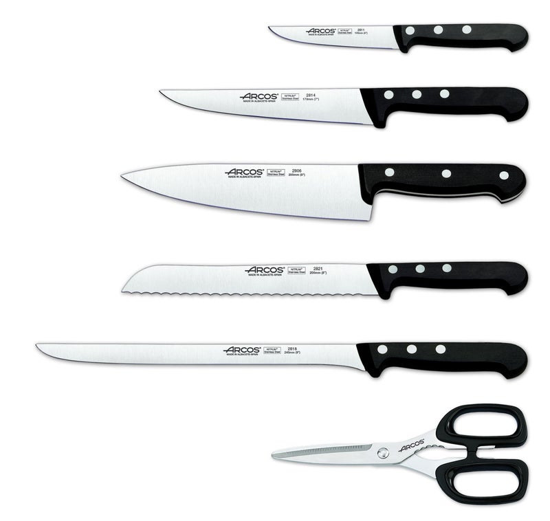Arcos Kitchen Block Knife Set 6 pieces (5 Knives + 1 Scissors). Stainless Steel - Polyoxymethilene (POM) Handles. Pine Wood Block - Image 3