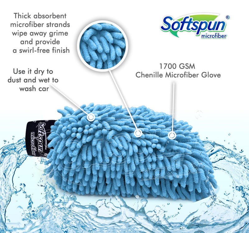 SOFTSPUN Microfiber Double Side Chenille Mitt, 1 Piece Set 1700 GSM Sky Blue Multi-Purpose Super Absorbent and Perfect Wash Clean with Lint-Scratch Free Cars, Window, Kitchen, Home Dusting! - Image 3