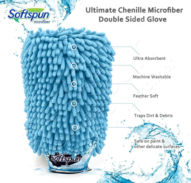 SOFTSPUN Microfiber Double Side Chenille Mitt, 1 Piece Set 1700 GSM Sky Blue Multi-Purpose Super Absorbent and Perfect Wash Clean with Lint-Scratch Free Cars, Window, Kitchen, Home Dusting! - Image 4