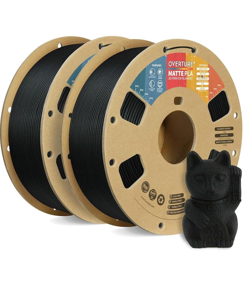 OVERTURE PLA Matte 3D Printer Filament 1.75mm, Matte PLA 2kg Cardboard Spool (4.4lbs), Dimensional Accuracy +/- 0.02 mm (Matte Black 2-Pack) - Image 1