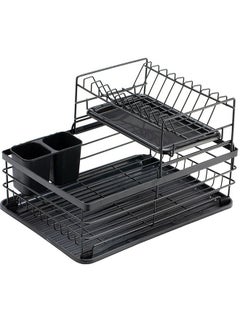 CityRiya-Long Dish Drying Rack 2-Tier Dish Drying Rack for Kitchen Counter Black Metal Dish Rack Plate Rack with Drainboard Set, Dish Drainer with Utensil & Cutlery Holder Space-Saving Kitchen Organizert  - Image 1