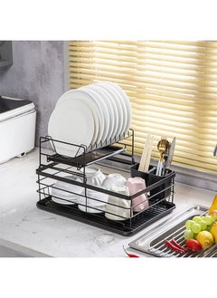 CityRiya-Long Dish Drying Rack 2-Tier Dish Drying Rack for Kitchen Counter Black Metal Dish Rack Plate Rack with Drainboard Set, Dish Drainer with Utensil & Cutlery Holder Space-Saving Kitchen Organizert  - Image 3