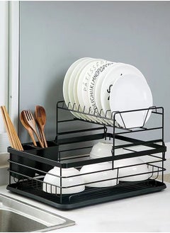 CityRiya-Long Dish Drying Rack 2-Tier Dish Drying Rack for Kitchen Counter Black Metal Dish Rack Plate Rack with Drainboard Set, Dish Drainer with Utensil & Cutlery Holder Space-Saving Kitchen Organizert  - Image 4