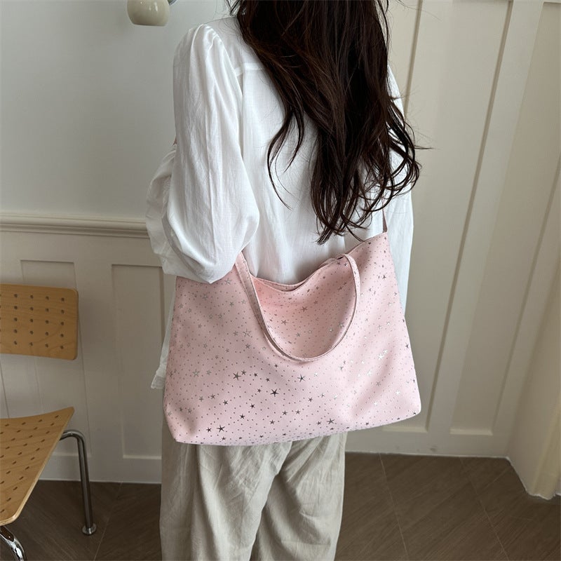 Minimalist Dark Tone Star Pattern Big Capacity Shoulder Tote Bag Brand Label Front Detail Decorative Detachable Chain Multi-scene Foldable Bag For Travel Grocery Shopping Student School Essential - Image 2