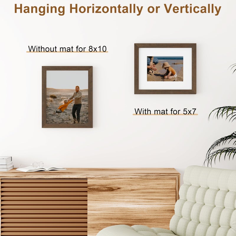 Vittanly 8x10 Picture Frame, Solid Wood Frame with Plexiglass, Includes 5x7 Mat, Wall Hanging or Tabletop for Home Decor, Brown, 1 Pack - Image 5