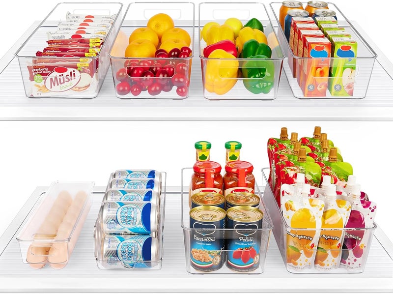 في توب مارت مجموعة من 8 علب تنظيم من البلاستيك الشفاف للثلاجة مزودة بمقابض، من ، خالية من مادة BPA، مناسبة للتخزين في الخزائن والمطبخ والخزانة الصغيرة. - Image 1