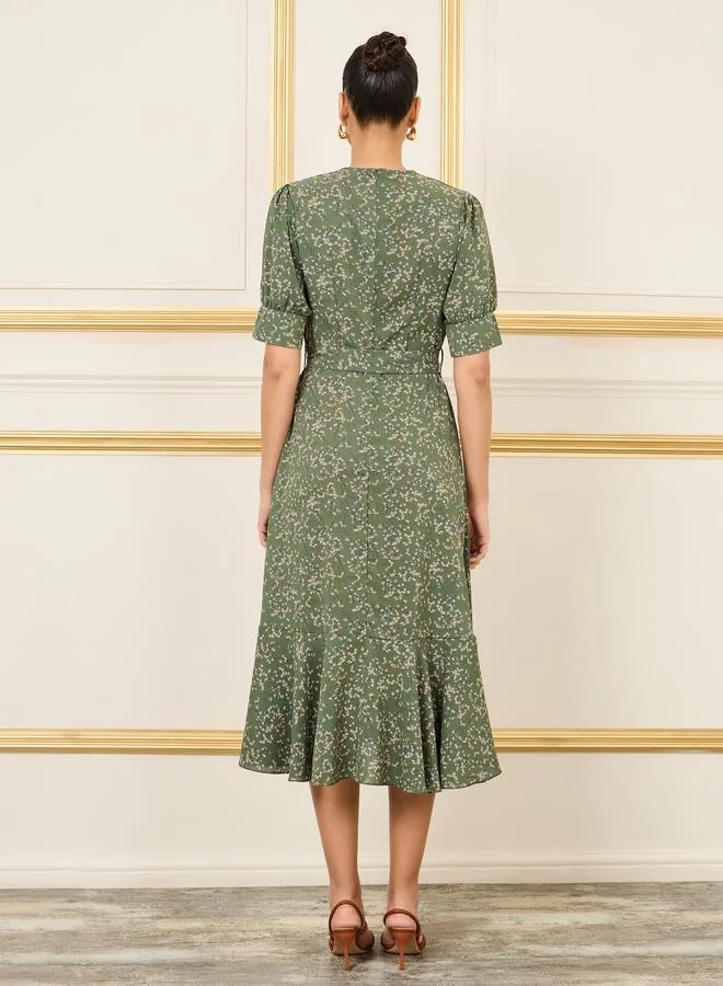 ستايلي Ditsy Floral Print A-Line Midi Dress with Self Tie Up
