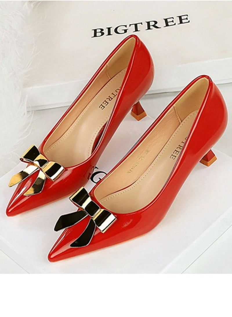 BIGTREE Women's Closed Pointed Toe Stiletto Pump Metal Bowknot Decoration Mid Heels Red 5.5CM  - Image 1
