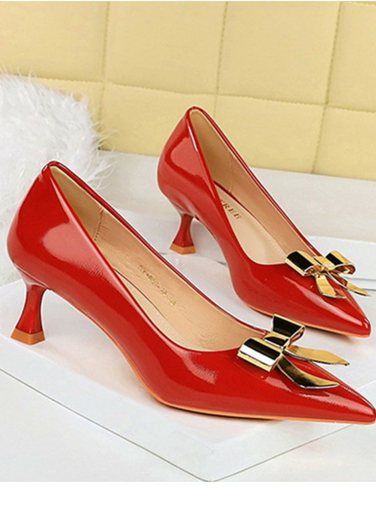 BIGTREE Women's Closed Pointed Toe Stiletto Pump Metal Bowknot Decoration Mid Heels Red 5.5CM  - Image 2