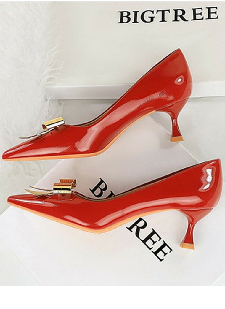 BIGTREE Women's Closed Pointed Toe Stiletto Pump Metal Bowknot Decoration Mid Heels Red 5.5CM  - Image 3