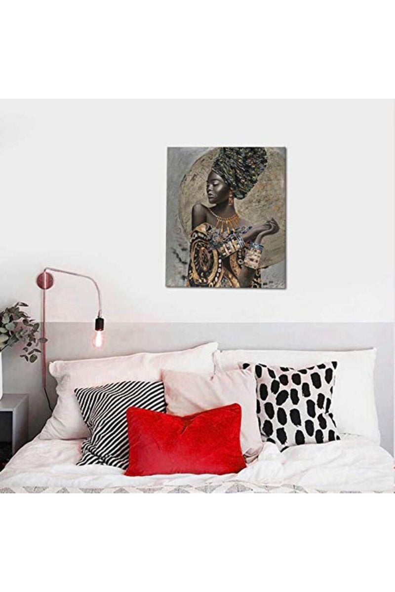 African American Wall Art, Canvas Painting Black And Golden Woman Portrait Abstract Gold Earrings Necklace Poster Artwork Modern Home Decorations Framed Ready To Hang For Living Room Bedroom 20x24inch - Image 4