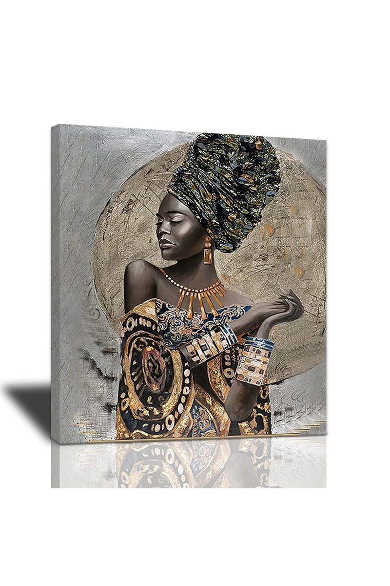 African American Wall Art, Canvas Painting Black And Golden Woman Portrait Abstract Gold Earrings Necklace Poster Artwork Modern Home Decorations Framed Ready To Hang For Living Room Bedroom 20x24inch - Image 1