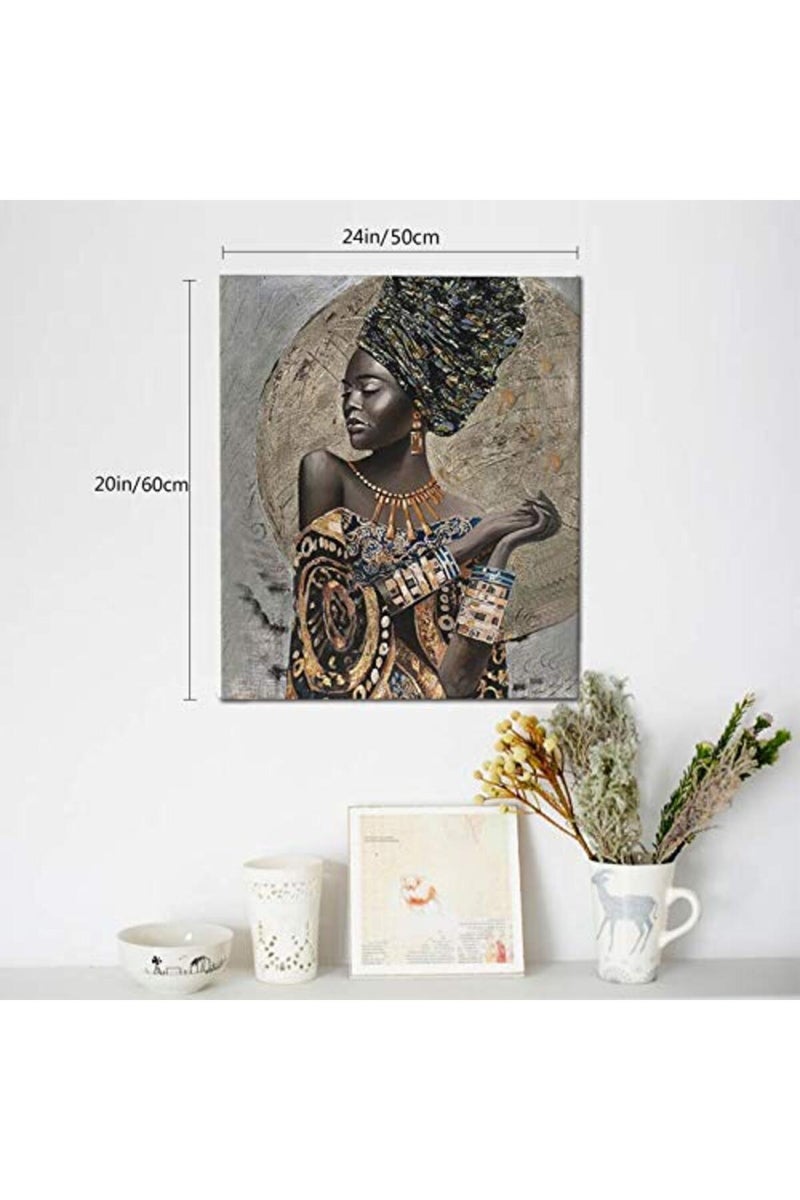 African American Wall Art, Canvas Painting Black And Golden Woman Portrait Abstract Gold Earrings Necklace Poster Artwork Modern Home Decorations Framed Ready To Hang For Living Room Bedroom 20x24inch - Image 3