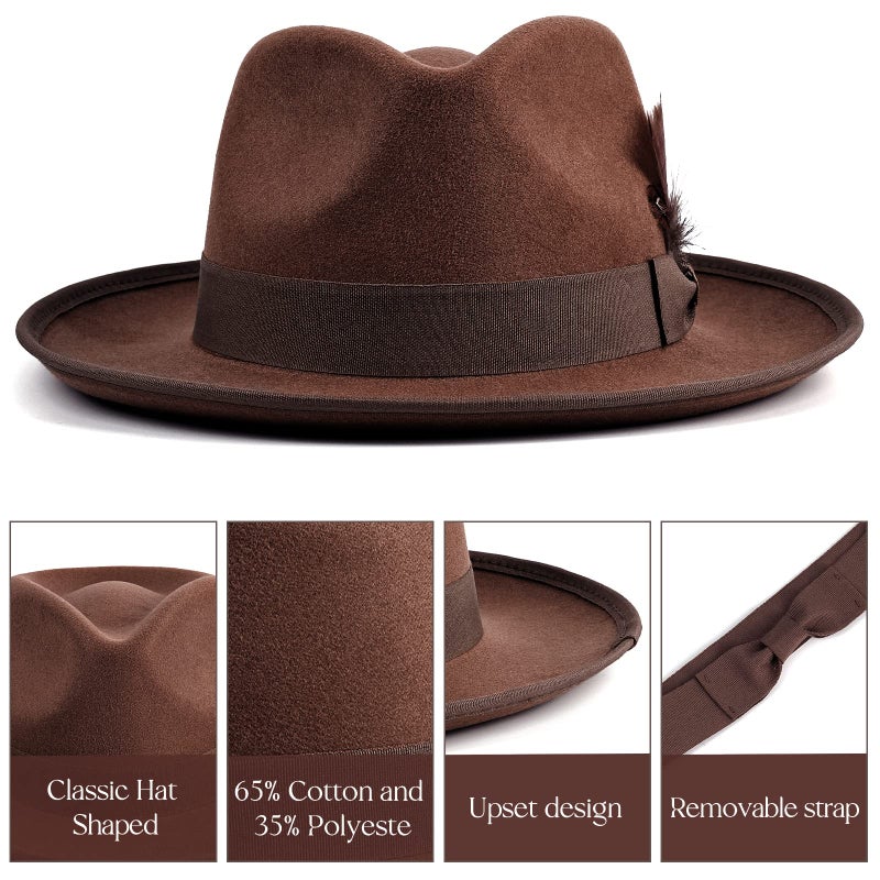 FADACHY Fedora Hats for Men & Women Wide Brim Felt Hat Dress Panama Trilby Hats Brown Fedora - Image 4