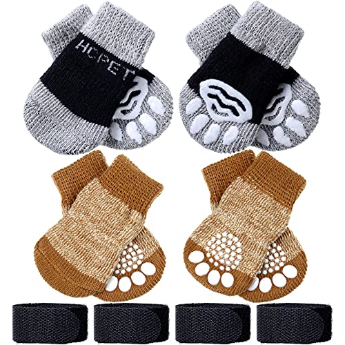 Frienda 8 Pieces Anti-Slip Socks for Cats Small Dog Socks to Prevent Licking Paws, Traction Control Boots Paw Protectors for Hardwood Floors for Puppy Small Dogs and Kittens(S,Black-Grey, Khaki) - Image 1