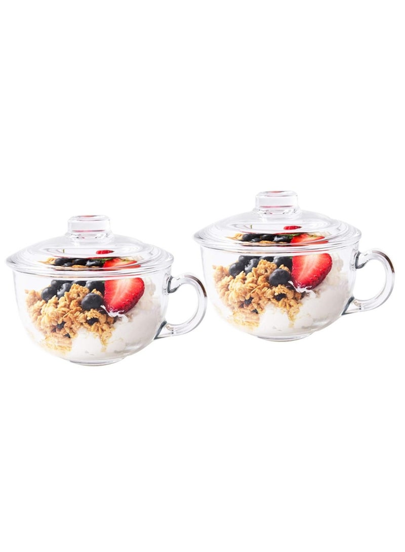 Blinkmax Soup Bowls and Clear Glass Mugs with Lids and Small Handles 600ml Microwave Safe Kitchen Accessories for Breakfast Cereal Oatmeal Coffee Milk Ice Cream Snacks Salad Yogurt Everyday Use - Image 1