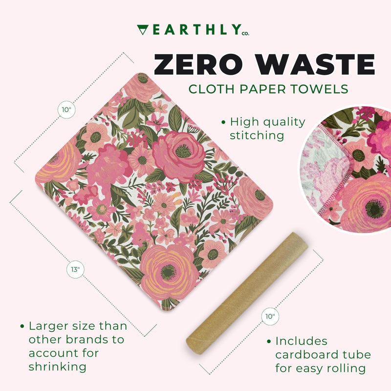 Earthly Co. Reusable Paper Towels - 10 Pack - Roll of Washable Cotton Cloth Paper Towels - Paperless Reusable Napkins Cloth Washable - Absorbent + Long Lasting - Zero Waste Products - (Flower Power) - Image 3