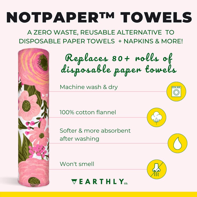 Earthly Co. Reusable Paper Towels - 10 Pack - Roll of Washable Cotton Cloth Paper Towels - Paperless Reusable Napkins Cloth Washable - Absorbent + Long Lasting - Zero Waste Products - (Flower Power) - Image 5
