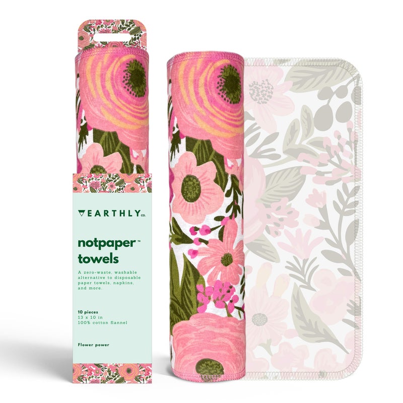 Earthly Co. Reusable Paper Towels - 10 Pack - Roll of Washable Cotton Cloth Paper Towels - Paperless Reusable Napkins Cloth Washable - Absorbent + Long Lasting - Zero Waste Products - (Flower Power) - Image 1
