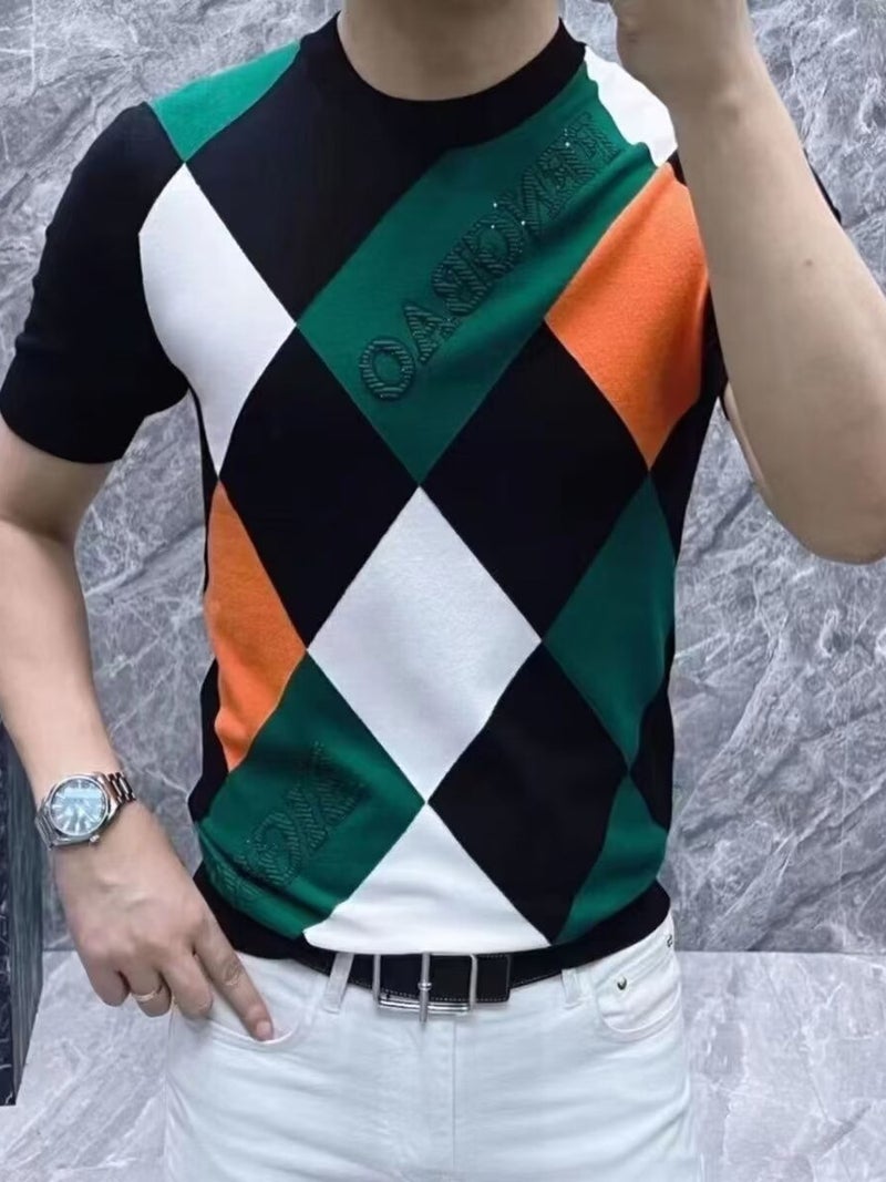 Fashion Short-Sleeved Color Matching T-Shirt Men'S Slim-Fit Top Clothes Fashionable Korean Style Youth Casual All-Match Alphabet T-Shirt - Image 3