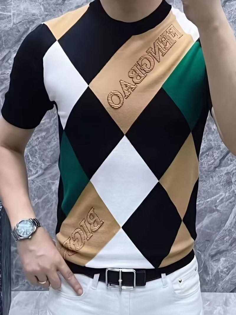 Fashion Short-Sleeved Color Matching T-Shirt Men'S Slim-Fit Top Clothes Fashionable Korean Style Youth Casual All-Match Alphabet T-Shirt - Image 2