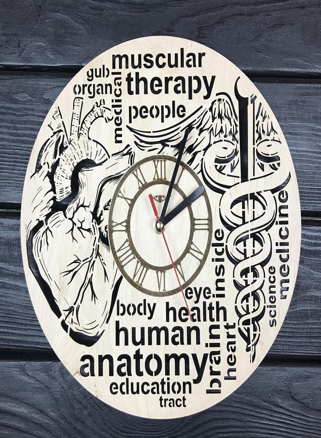 NABSTER Human Anatomy Wood Home Kitchen Decor Clinic Unique Wall Clock Art Medical Health Brain Heart Skull Hanging - 12 Inch / 30 cm, Beige - Image 1