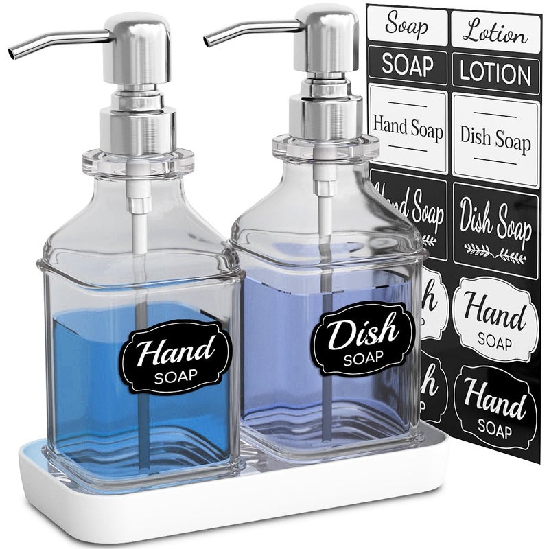 LMQML Soap Dispenser - 2 Pack, Antique Design Thick Glass Hand Soap Dispensers with Sturdy Tray; 304 Rust Proof Stainless Steel Silver Pump, 12Pcs Stickers, for Kitchen, Bathroom - Image 1