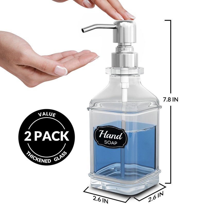 LMQML Soap Dispenser - 2 Pack, Antique Design Thick Glass Hand Soap Dispensers with Sturdy Tray; 304 Rust Proof Stainless Steel Silver Pump, 12Pcs Stickers, for Kitchen, Bathroom - Image 3