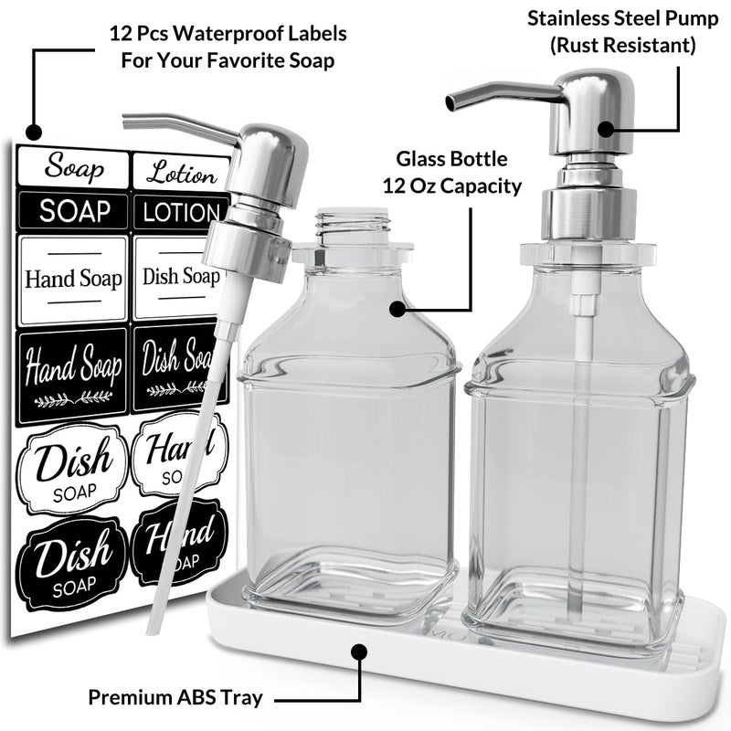 LMQML Soap Dispenser - 2 Pack, Antique Design Thick Glass Hand Soap Dispensers with Sturdy Tray; 304 Rust Proof Stainless Steel Silver Pump, 12Pcs Stickers, for Kitchen, Bathroom - Image 2