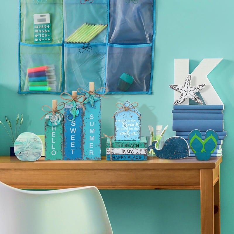 Vercraft 11 Pcs Summer Beach Table Decorations Ocean Tiered Tray Decor Summer Centerpiece Decorative Wood Books Table Top Decor Starfish Wooden Sign for Home Party Supplies (Ocean) - Image 5