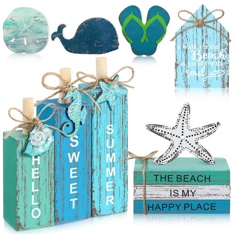 Vercraft 11 Pcs Summer Beach Table Decorations Ocean Tiered Tray Decor Summer Centerpiece Decorative Wood Books Table Top Decor Starfish Wooden Sign for Home Party Supplies (Ocean) - Image 1