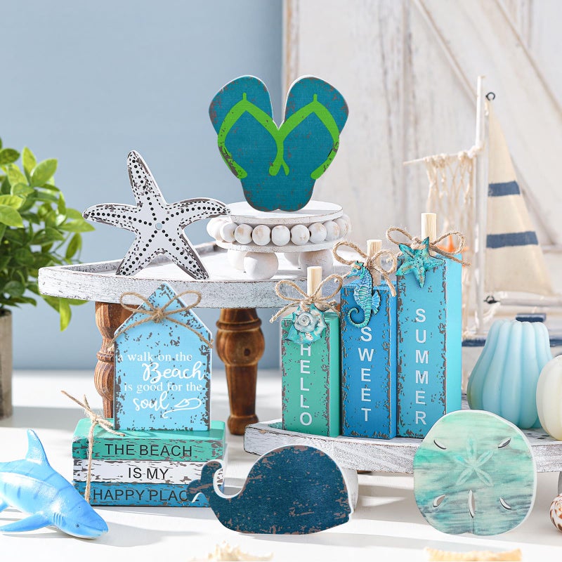 Vercraft 11 Pcs Summer Beach Table Decorations Ocean Tiered Tray Decor Summer Centerpiece Decorative Wood Books Table Top Decor Starfish Wooden Sign for Home Party Supplies (Ocean) - Image 2