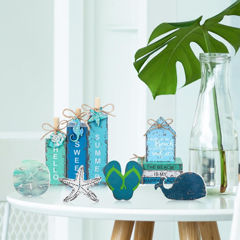 Vercraft 11 Pcs Summer Beach Table Decorations Ocean Tiered Tray Decor Summer Centerpiece Decorative Wood Books Table Top Decor Starfish Wooden Sign for Home Party Supplies (Ocean) - Image 3