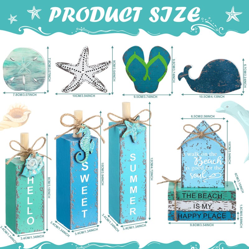 Vercraft 11 Pcs Summer Beach Table Decorations Ocean Tiered Tray Decor Summer Centerpiece Decorative Wood Books Table Top Decor Starfish Wooden Sign for Home Party Supplies (Ocean) - Image 4