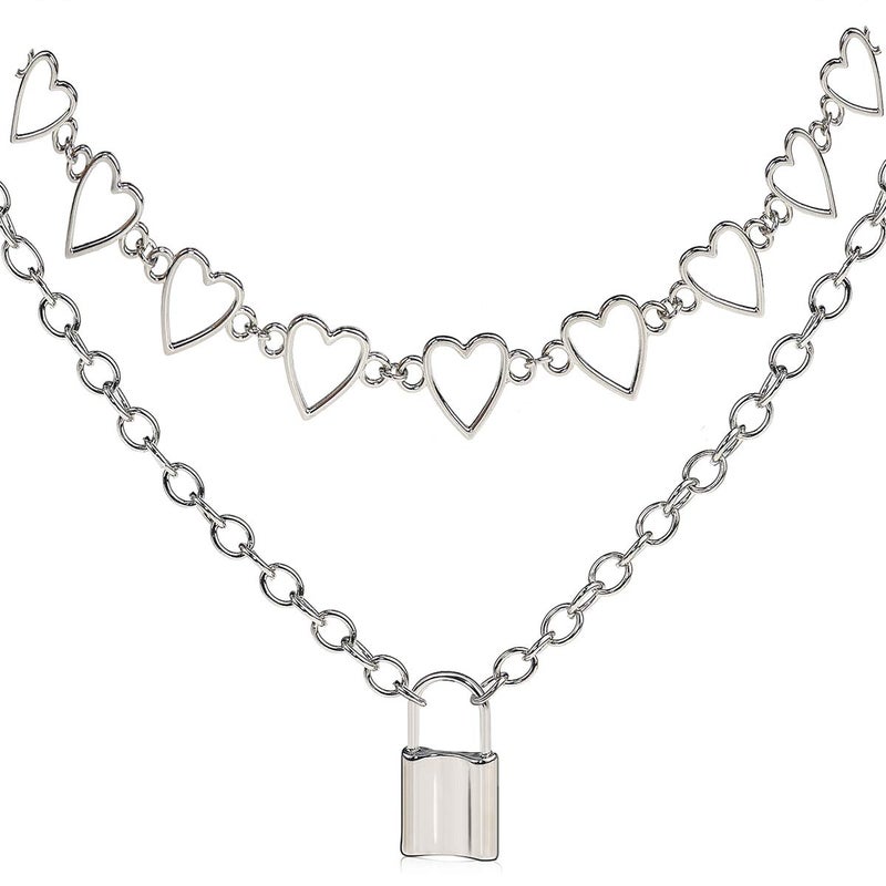 Suyi Choker Necklace - Simple Geometric Circle Choker Statement Clavicle Necklace for Women Necklace Jewerly Silver Heart Lock Set1 - Image 1