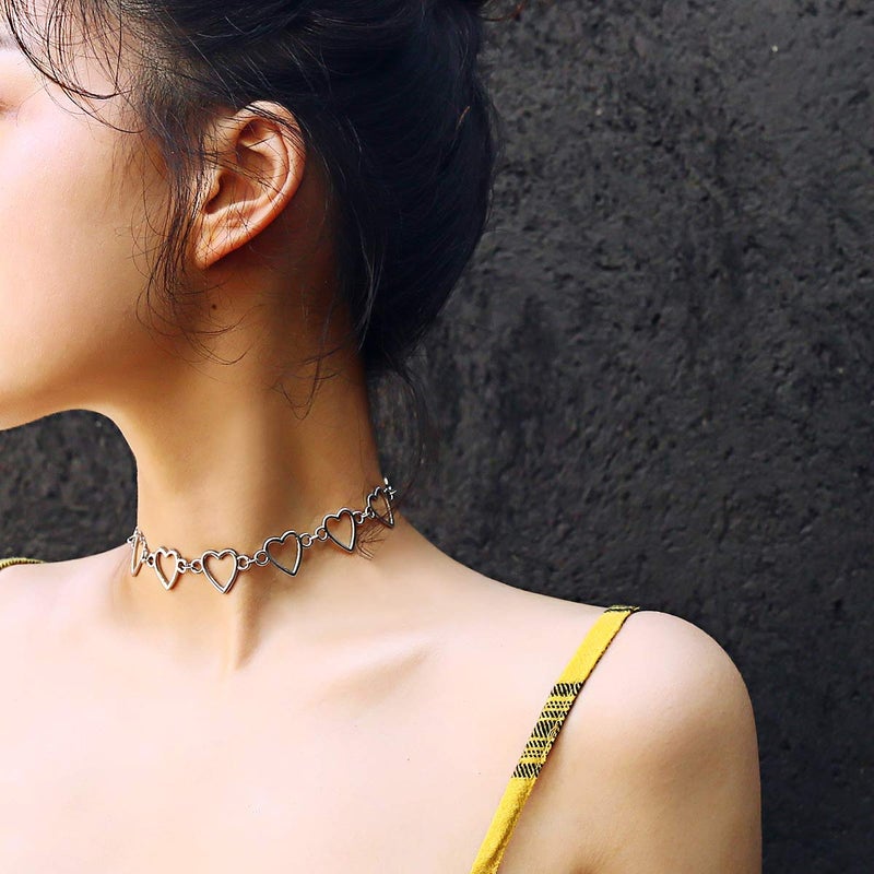 Suyi Choker Necklace - Simple Geometric Circle Choker Statement Clavicle Necklace for Women Necklace Jewerly Silver Heart Lock Set1 - Image 2