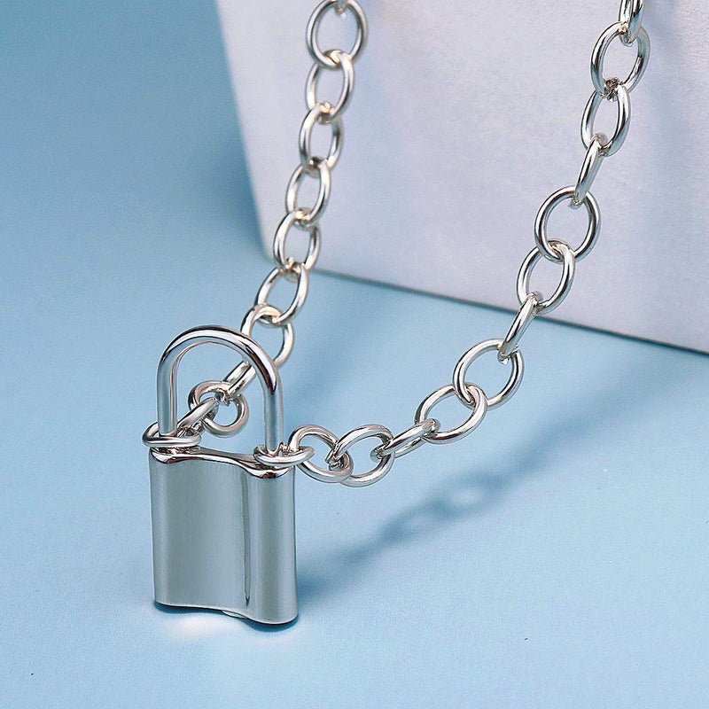 Suyi Choker Necklace - Simple Geometric Circle Choker Statement Clavicle Necklace for Women Necklace Jewerly Silver Heart Lock Set1 - Image 4