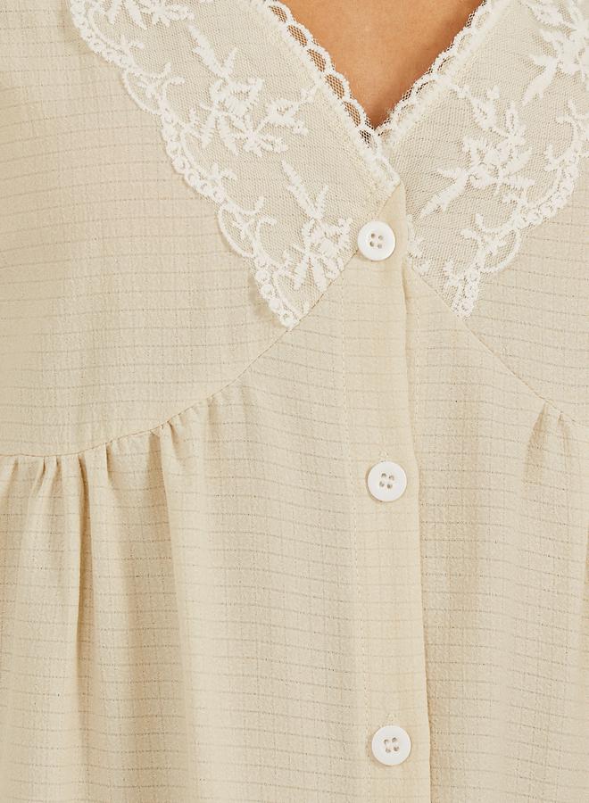 Styli Button Detail Lace Trim Ruffle Sleeve Nightdress  - Image 3