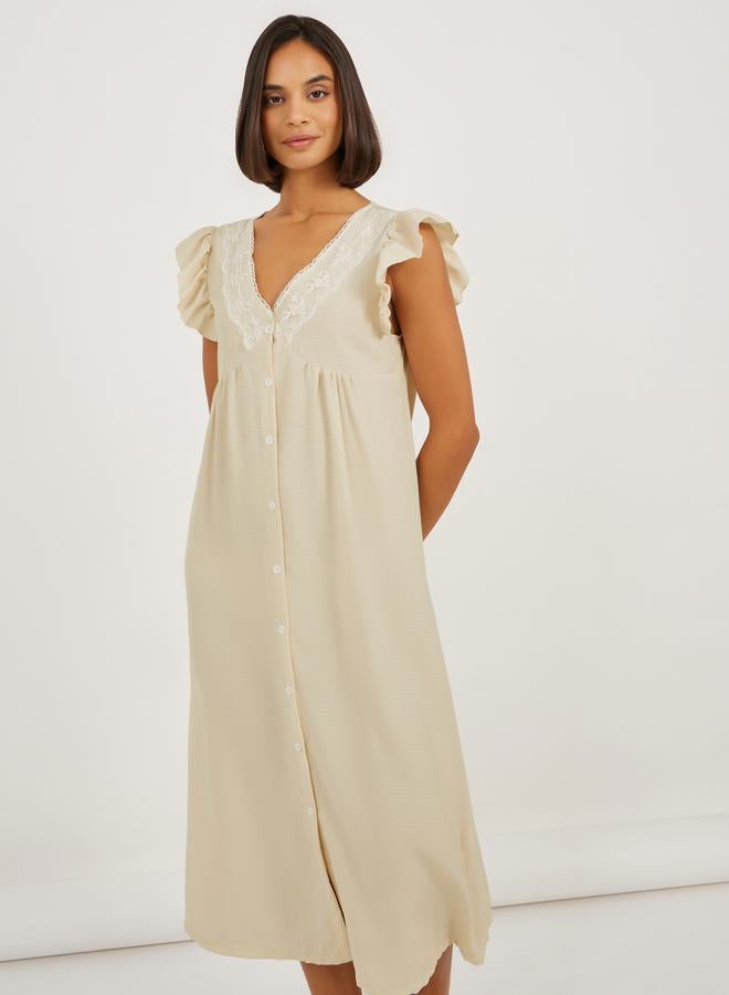 Styli Button Detail Lace Trim Ruffle Sleeve Nightdress  - Image 1