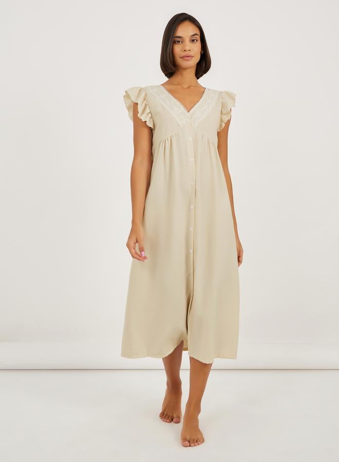 Styli Button Detail Lace Trim Ruffle Sleeve Nightdress  - Image 2