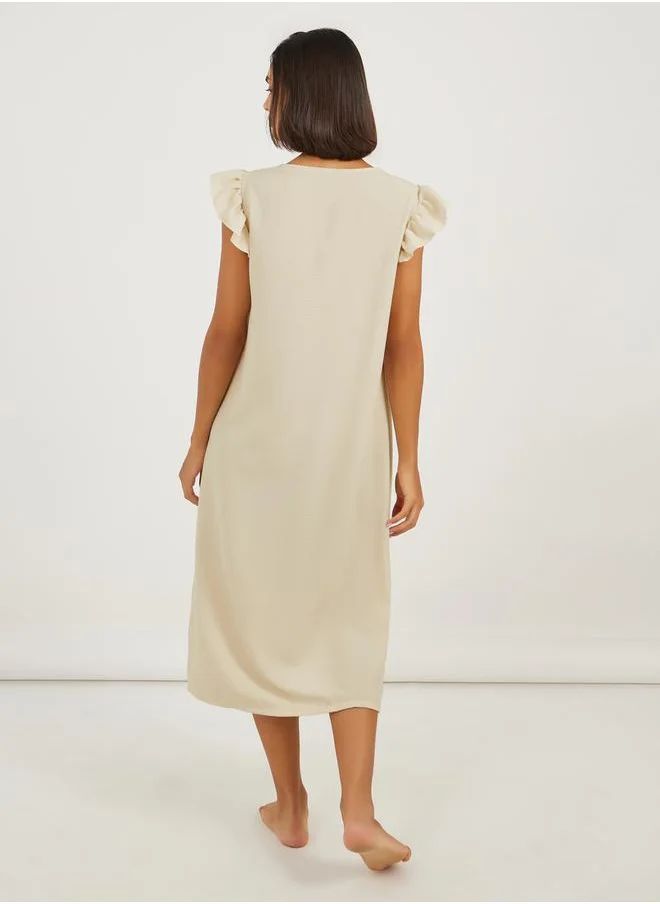 Styli Button Detail Lace Trim Ruffle Sleeve Nightdress