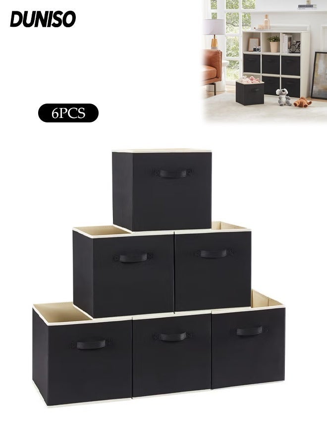 DUNISO 6 Pack Collapsible Storage Bins, Fabric Bins with Handles, Large Capacity Storage Cubes，Suitable for Books Toys Clothes and Sundries(Black，33x33x33 cm) - Image 1