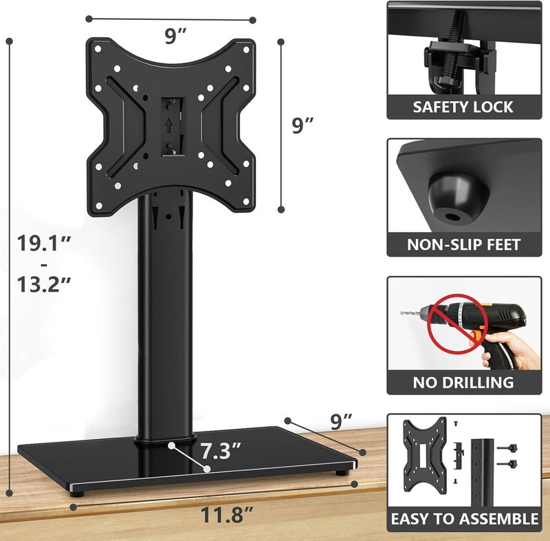 TVON Universal TV Stand Base, Swivel Table Top TV Stand for 20-43 inch TVs/Monitors with 4 Level Height Adjustment and Tempered Glass Base, Holds up to 88 Lbs, VESA 200x200mm - Image 4